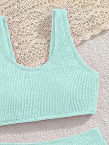 SHEIN 少女比基尼套装，针织波浪纹面料两件式泳衣，优雅保守的欧美时尚风格，适合度假、游泳、夏季和海滩穿着。 - 綠色 - 查看 3