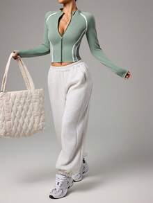 Dewbera Contrast Piping Zip-Up Stand Collar Fitted Sports Jacket