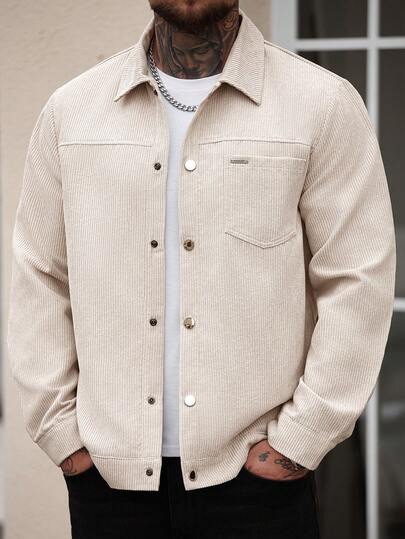 Manfinity CasualCool 男士秋季撞色单排扣口袋休闲夹克，男士休闲金属扣前袋灯芯绒衬衫式夹克，INS热销休闲优雅夹克，适合春秋季男士衬衫外套，男士夏季夹克，男士休闲米色纽扣夹克