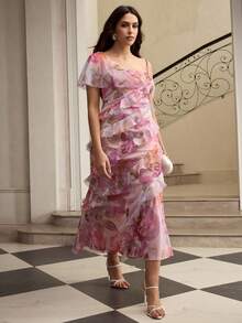 ZEYLAH Floral Print Asymmetric Ruffle Hem Dress - Multicolor - View 7