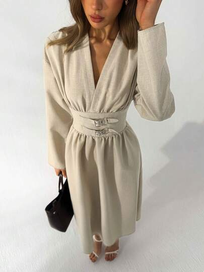 Aloruh Đầm midi dài tay màu kaki lanh, thắt eo, thích hợp cho công sở/đi làm.