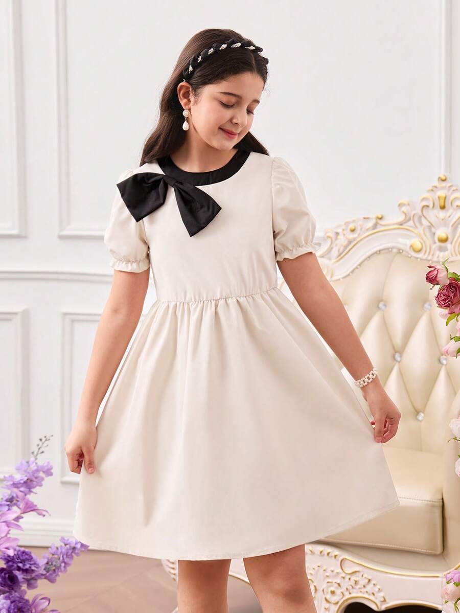 Elladie kids 1pc Girls' Summer New Korean Style Apricot Round Neck, Black Contrast Color, Waist Elastic Bubble Short Sleeve Dress, Simple Yet Fashionable, Suitable For Casual, Commute, Back To School - Apricot - View 1