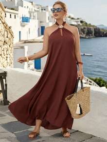 Linhara Women's Elegant And Generous Linen Halter Neck Everyday Commute Dress - Brown - View 1