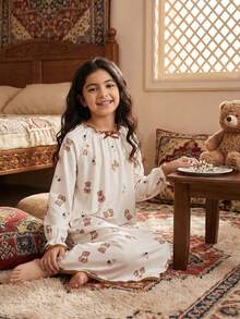 Girls' Cute Cartoon Bear Print Splice Lace Trim Loose Comfortable Long Sleeve Maxi Nightgown Dress Loungewear Little Girl Night Gown Pajamas Dress Girls Pajama Gown Kids Nightgown - Apricot - View 8