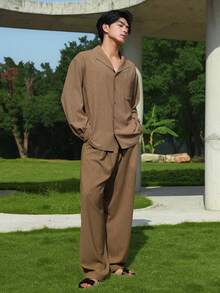 DAZY Textured Fabric Shirt Set, Spring/Autumn - Khaki - View 3