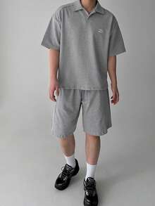 DAZY Men's Grey Letter Embroidered Polo Shirt With Matching Polo Shirt Set, Summer - Grey - View 5