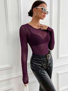 SHEIN Tall 女士性感纯色透视网纱长袖修身衬衫 - 中紫紅色 - 查看 5