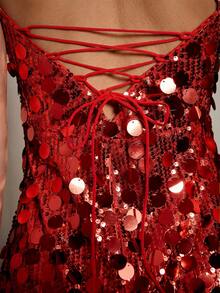 SHEIN BAE 香槟色亮片装饰吊带迷你连衣裙，适合鸡尾酒会、夜店、派对、正式活动、晚宴、节日庆典、万圣节、圣诞节等场合。 - 紅色 - 查看 6