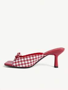 CUCCOO CHICEST Sandalias de tacón alto con puntera cuadrada de satén brillante con decoración de rhinestones, elegantes y de moda para fiestas - Cuadrícula roja y blanca - Ver 4