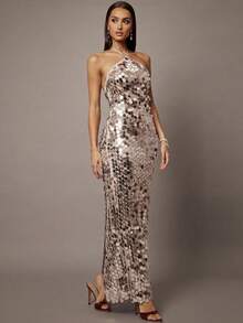 Silquee Women's Fashionable Sexy Sequin Halter Bodycon Dress - Silver - View 4