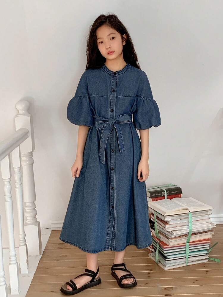Tween Girls Casual Denim Short Sleeve Dress Summer