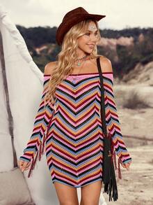 LanaWest 女士西部休闲露肩镂空彩虹条纹袖流苏音乐节修身毛衣连衣裙 - 彩色 - 查看 4