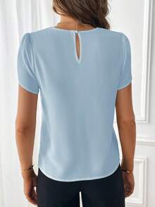 SHEIN Clasi Women's Solid Color Lace Patchwork Round Neck Elegant Short Sleeve Blouse Lace Trim Top Baby Blue Top Women Light Blue Top Women Tops Elegant Light Blue Blouse - Baby Blue - View 2
