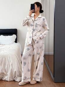 DAZY 爱心熊印花女士睡衣套装 - 米色 - 查看 5