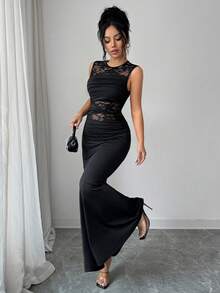 Rafferiza Abito da donna minimalista in seta di latte con arricciature e inserti in pizzo, collo rotondo, maniche corte, adatto per feste tra single e raduni - nero - Visualizzare 5