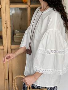 FRIFUL Women's Cotton Patchwork Sheer Lace Embroidered Loose Blouse - White - View 3