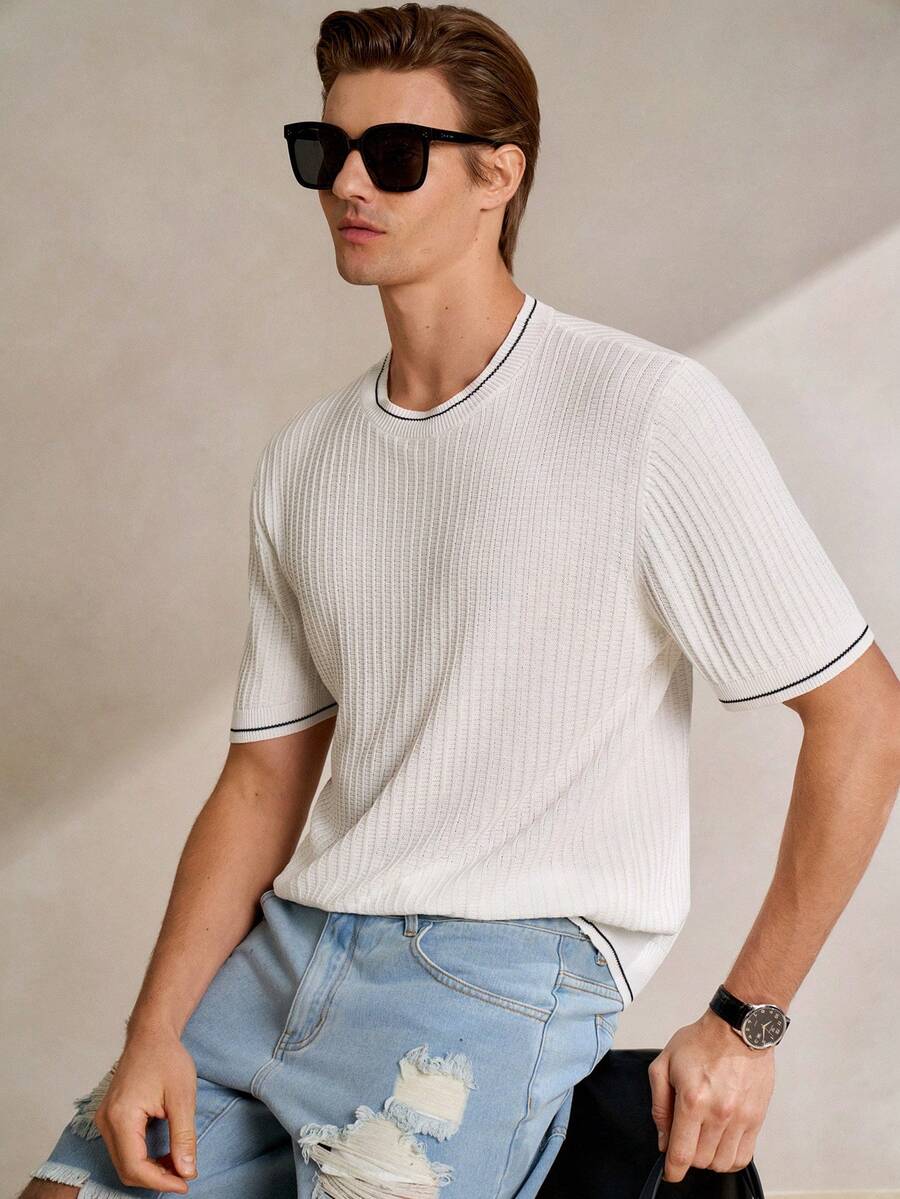 Manfinity CityGents Casual Knit Fabric Plain Ribbed Short Sleeve Men's Round Neck Top In Black And White - Black and White - View 1