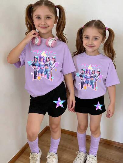 1 set babyflicka casual söt tecknad K-pop tjejgrupp bokstavs- och pentagramtryck rund hals kortärmad t-shirt och shorts set, lämplig för utflykter på sommaren