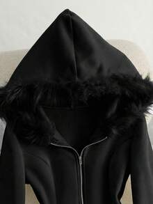 Franclia Women's Casual Hooded Faux Fur Collar Thermal Lined Cropped Sweatshirt, Autumn/Winter - Black - View 3