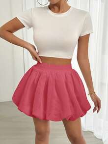 Almamuse 女士休闲纯色荷叶边迷你裙，夏季 - 西瓜粉 - 查看 5