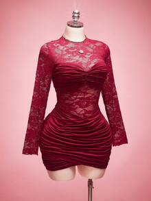SHEIN ICON Plus Size Wine Red Lace Patchwork Sheer Ruched Long Sleeve Mini Dress Valentine's Day Outfit