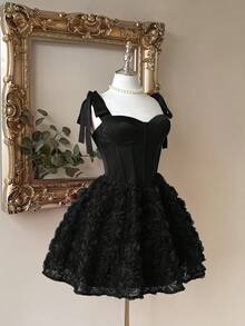 Lovelzi Elegant, Romantic, Fashionable Coffee-Colored Satin Strapless Mermaid Dress With 3D Floral Decor And Ruffle Hem, Suitable For Singles Party, Wedding, Graduation, Vacation, Afternoon Tea, And Formal Occasions - Black - View 6