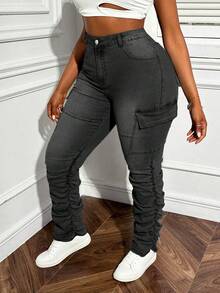 Slaydiva Plus Size Women's Cargo Pocket Pleated Stretch Denim Design Pants - Black - View 6