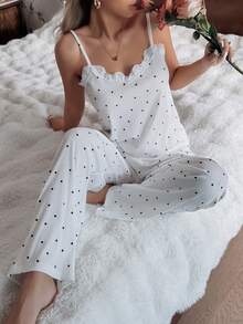 ZzzCrew 女士针织爱心印花蕾丝边吊带背心和睡裤套装，可爱又性感，适合所有季节 - 黑與白 - 查看 4