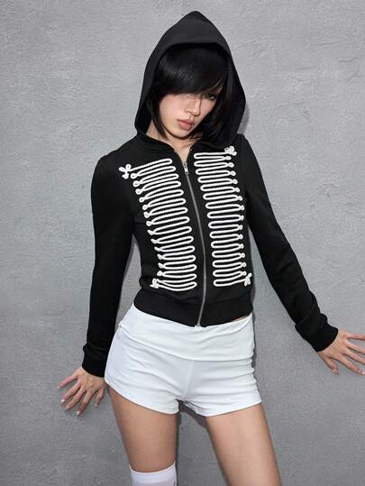 ROMWE Avant Veste à capuche zippée avec motif totem brodé de style palais vintage