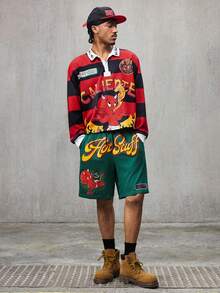 SHEIN HOT STUFF Men's Casual Fashion Street Style Everyday Commute Cartoon Letter Stripe Pattern Long Sleeve Polo Collar Sweatshirt And Drawstring Waist Shorts Set, Spring/Summer/Autumn - Red - View 4