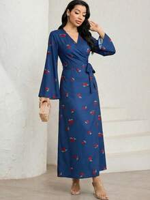 Veilorie Women's V-Neck Floral Print Overlap Flare Sleeve Modest Elegant Vacation Dress - Multicolor - View 4