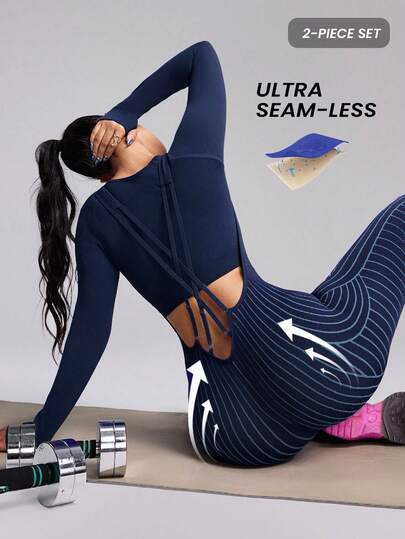 Innovista Women's Solid Color Round Neck Long Sleeve T-Shirt And Striped Bib Pants Cycling Suit Seamless Set Blue 2PCS Long Sleeve Thumbhole Crop Top + Striped Seamless Jumpsuit, High Stretch, 4-Way Adjustable Crisscross Back Straps, Butt Lift Scrunch Knit | Sculpting Compression For Gym Yoga Pilates | Conjunto Deportivo Sin Costuras Azul/Morado, Orificio Para Pulgar, Tirantes Cruzados Ajustables | Gymtok Pilates Girl Y2k Athleisure