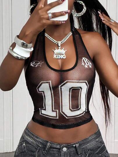 BamGleam 女士字母印花露背黑色休闲背心