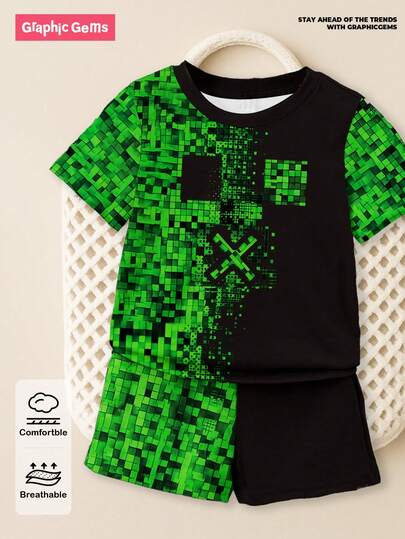 SHEIN GraphicGems 2pcs/Set Toddler Boys Creative Graphic Square Pattern Plaid Print Short Sleeve T-Shirt And Shorts Casual Outfit, Sibling Matching Outfits (2 Set Pieces Sold Separately) Toddler Boys Summer Clothes Toddler Boy Clothes Boys Neon Green Shorts Set Boys 2 Piece Shorts Set Kids Streetwear