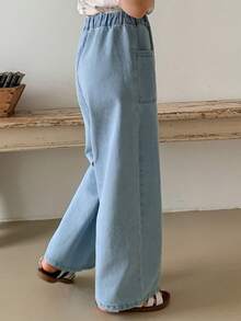 DAZY Tween Girls' Casual Everyday Commute Versatile Bow Embroidery Patchwork Pocket Loose Wide-Leg Jeans - Blue - View 2