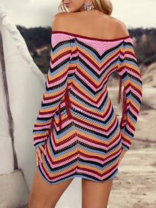 LanaWest 女士西部休闲露肩镂空彩虹条纹袖流苏音乐节修身毛衣连衣裙 - 彩色 - 查看 2