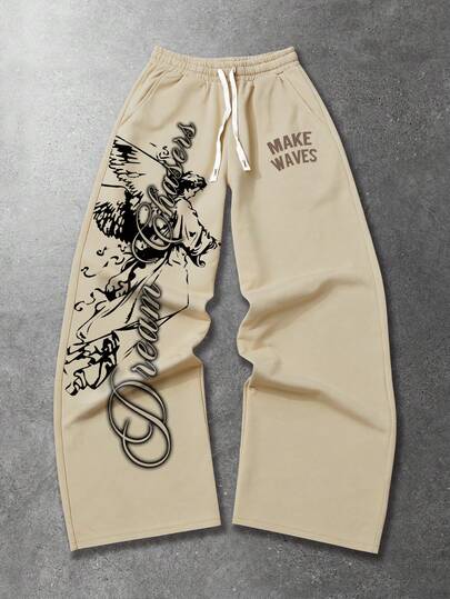 ROMWE MEN Pantaloni della tuta da uomo con stampa grafica e lettera, vita con coulisse, tasche inclinate