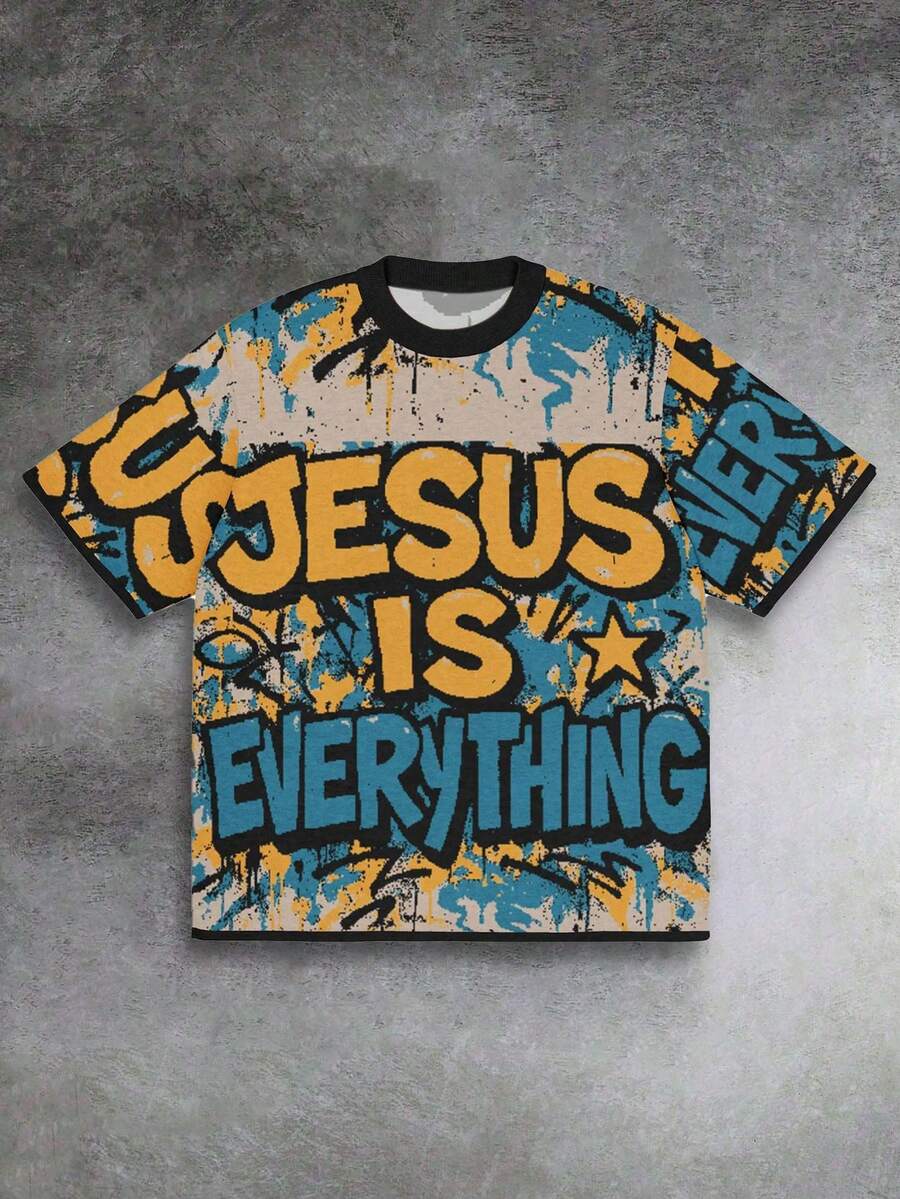 Manfinity Dauomo 男士字母印花圆领休闲宽松T恤 - 彩色 - 查看 1