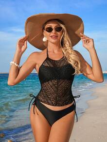 Swim Lushoire Women's Mature Grid Patchwork Halter Top And Triangle Bottoms Tankini 2 Pieces Set - Black - View 6