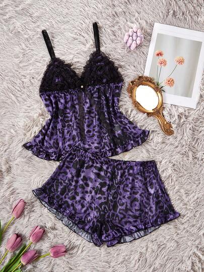 SHEIN Leopard Print Floral Lace Trim Bralette & Shorts Set, Sexy Babydoll Pajama Set Sexy Sleep Set Lace Pj Set Sexy Pajama Set Lingerie Sleep Set