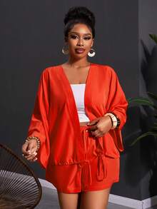 Slaydiva 2pcs/Set Plus Size Women's Music Festival Tie Front Long Sleeve Top And Shorts,Red And White,Autumn,Smart Casual,Vacation Orange Kimonos Yacht Outfit - Orange - View 2