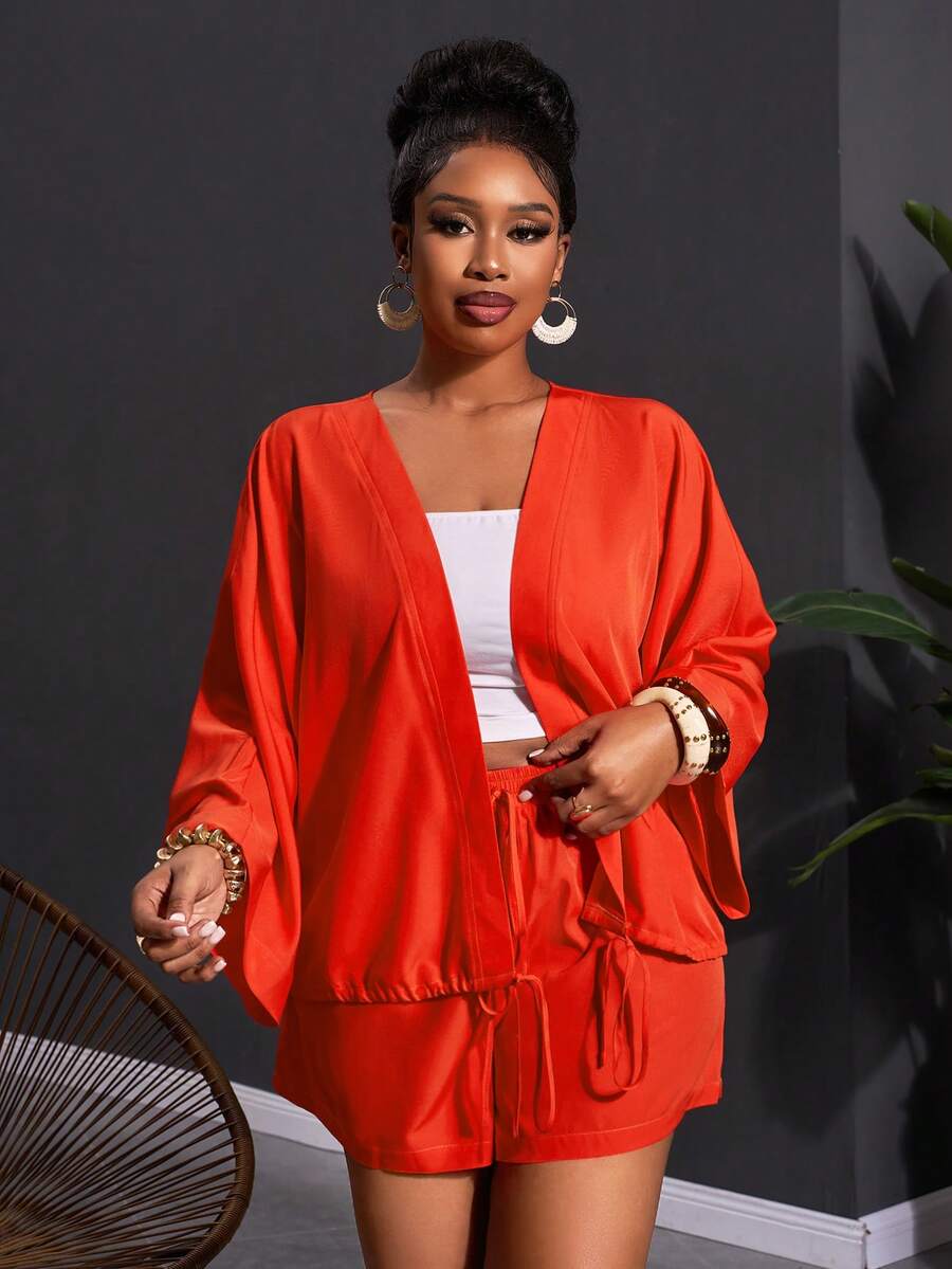 Slaydiva 2pcs/Set Plus Size Women's Music Festival Tie Front Long Sleeve Top And Shorts,Red And White,Autumn,Smart Casual,Vacation Orange Kimonos Yacht Outfit