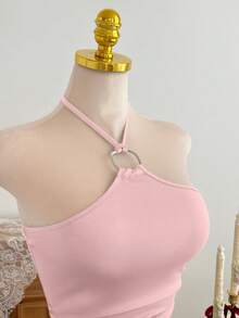 Elamini Women's Metal Ring Decor Halter Mini Dress - Pink - View 5