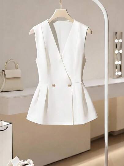 Franclia Chaleco de traje elegante de unicolor de doble botonadura y delgado para mujer