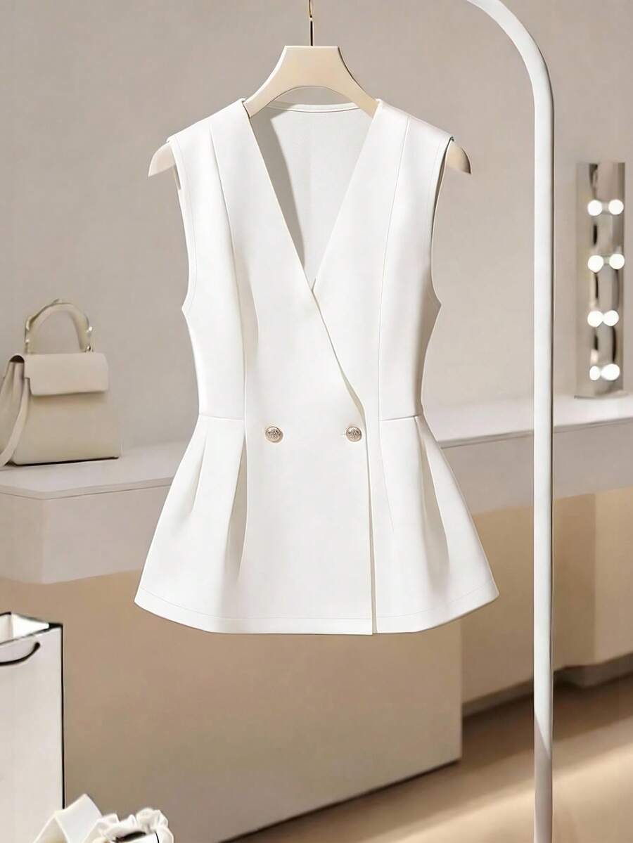 Franclia 女士双排扣优雅纯色时尚薄款西装背心 - 白色 - 查看 1