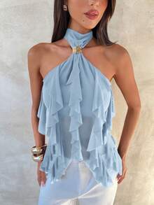 Aloruh Women's Elegant Multi-Layer Ruffle Trim Stand Collar Fitted Tank Top - Baby Blue - View 5