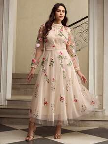 ZEYLAH Plus Size Embroidered Lace Patchwork Long Sleeve Dress Fall - Apricot - View 4