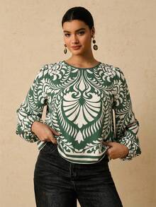 Travachic Plus Size Women Print Loose Fit 3/4 Sleeve Blouse, Casual Autumn Pattern Top - Mint Green - View 3