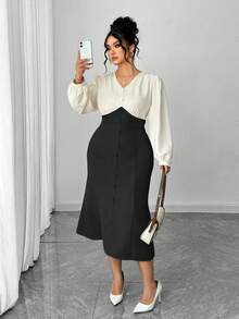 SHEIN Elenzya Đầm công sở thời trang và thanh lịch, phối màu, kiểu đuôi cá, dáng suông, cỡ lớn. - màu đen - Xem 5