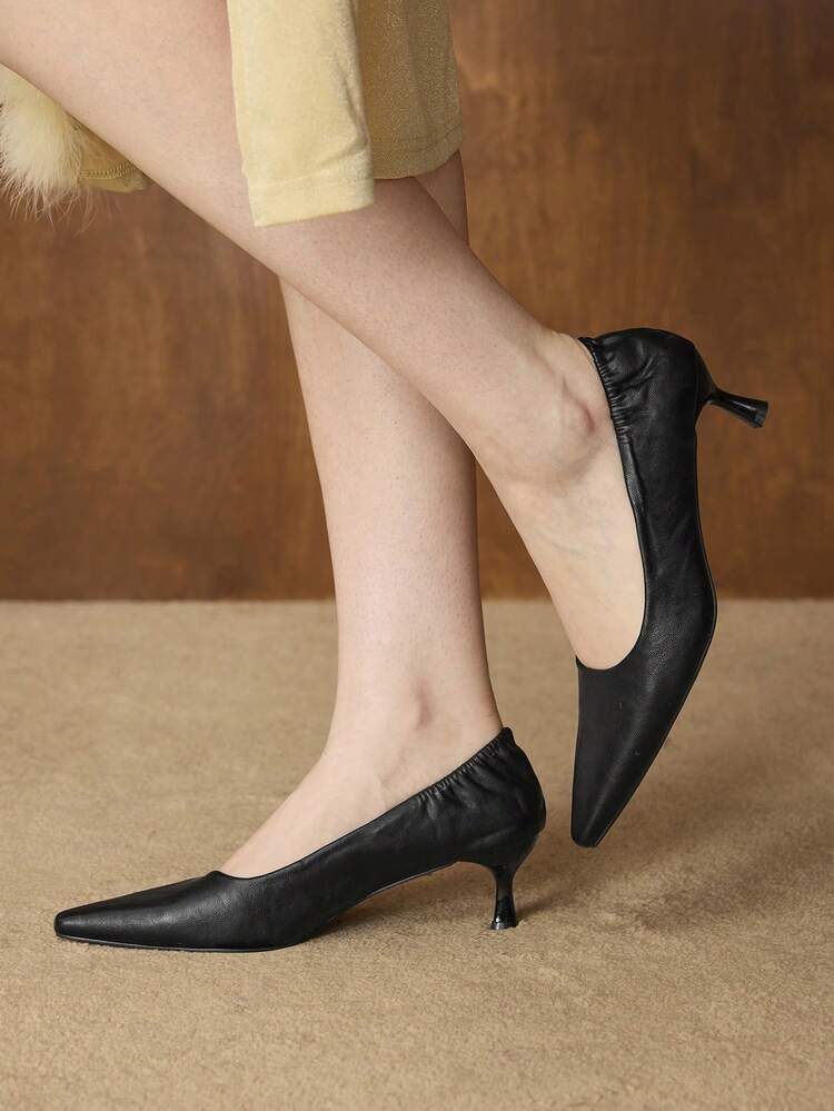 WOMEN SOLID PU LEATHER POINTED TOE RUCHED KITTEN HEELS PUMPS VALENTINE'S DAY